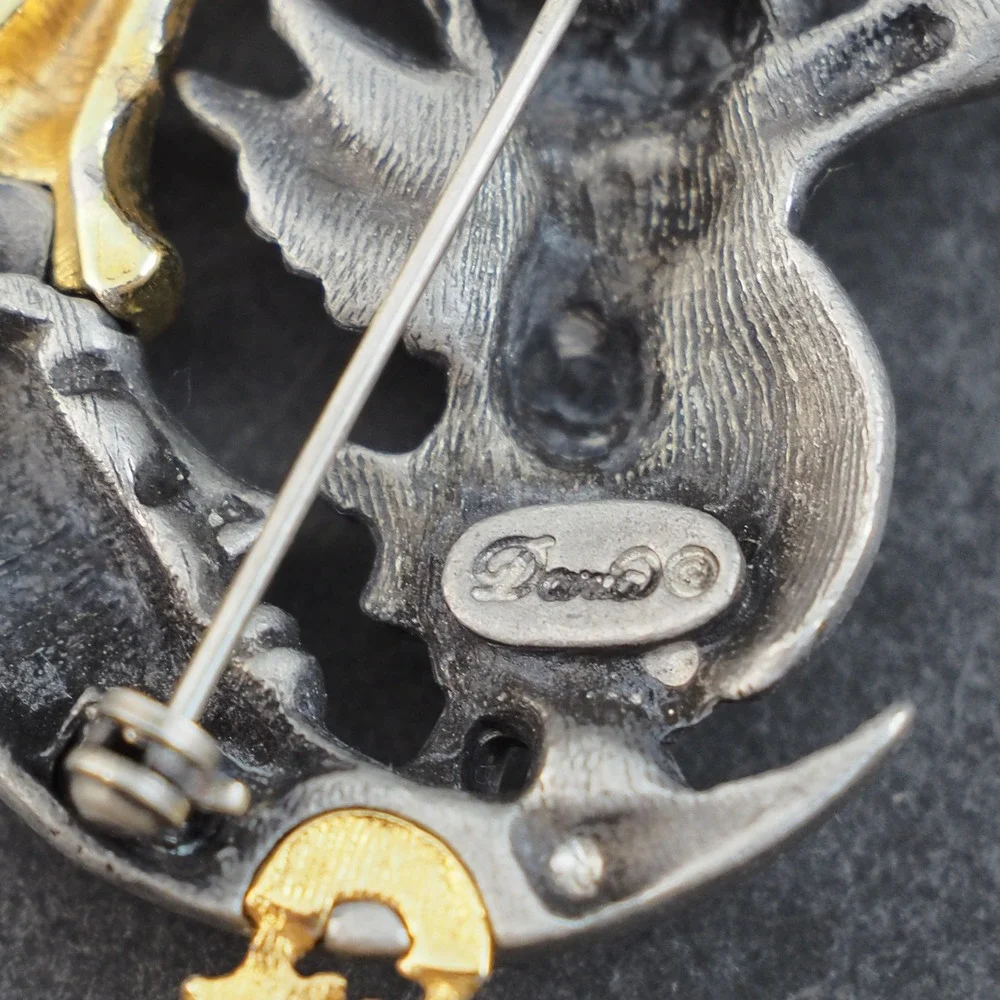 Vintage Daria Brooch Pin Celestial Angel Child Moon Stars Pewter Gold Two Tone